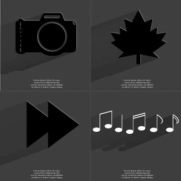 Camera, Maple leaf, Two arrows media, Notes icon sign. Set of Symbols with Fl Stock Illustration
