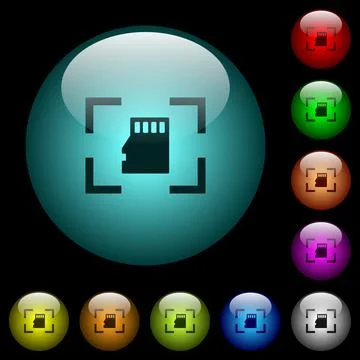 Camera memory card icons in color illuminated glass buttons Stock Illustration