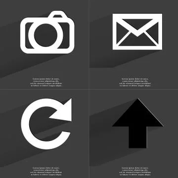 Camera, Message, Reload, Arrow directed upwards icon sign. Set of Symbols wit Stock Illustration