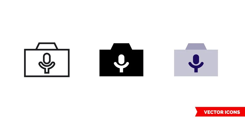 Camera microphone icon of 3 types color, black and white, outline. Isolated v Stock Illustration
