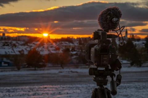 Camera microphone on tripod sunset evening in Jindrichuv Hradec CZ 01 03 2026 Stock Photos