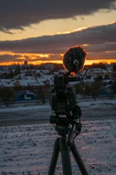 Camera microphone on tripod sunset evening in Jindrichuv Hradec CZ 01 03 2026 Stock Photos
