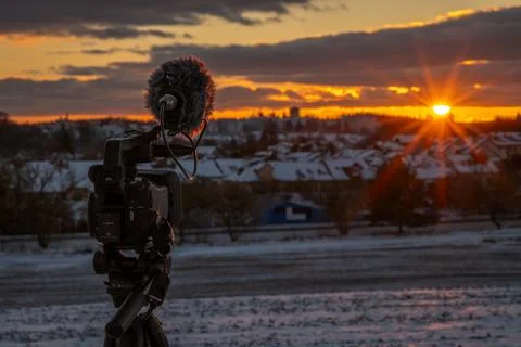 Camera microphone on tripod sunset evening in Jindrichuv Hradec CZ 01 03 2026 Stock Photos