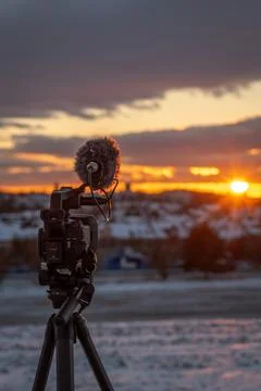 Camera microphone on tripod sunset evening in Jindrichuv Hradec CZ 01 03 2026 Stock Photos