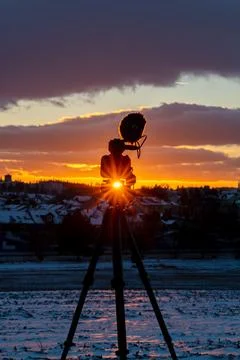 Camera microphone on tripod sunset evening in Jindrichuv Hradec CZ 01 03 2026 Stock Photos