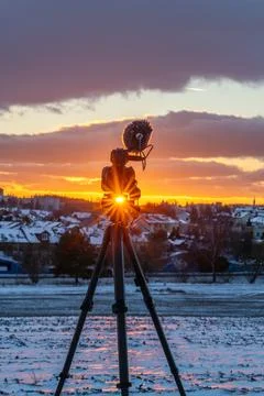 Camera microphone on tripod sunset evening in Jindrichuv Hradec CZ 01 03 2026 Stock Photos