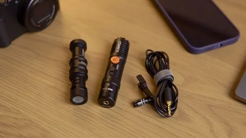 On-camera microphone for video recording of voice and sounds Stock Footage 244517301
