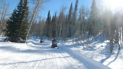 Camera is in motion and it shoots two snowmobile drivers on the forest road Stock-Footage 109209347