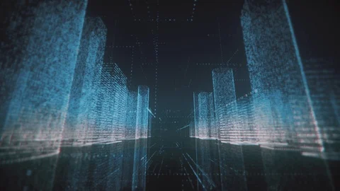 Camera motion in black cyberspace through center of the big digital city Stock Footage 127773690