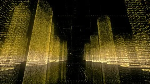 Camera motion in black cyberspace through the big data digital city consists of Stock Illustration