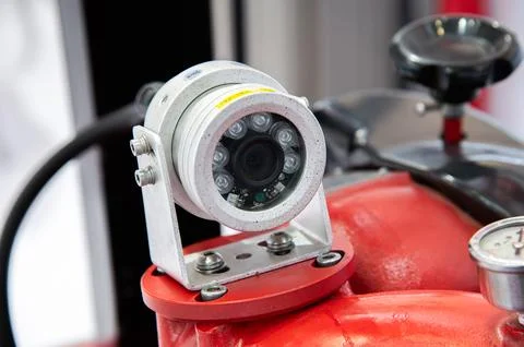 A camera is mounted on a red object Stock Photos