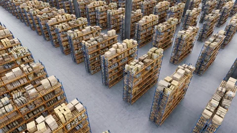 Camera move above along the rows shelves with cardboard boxes. Vídeo Stock 122375868