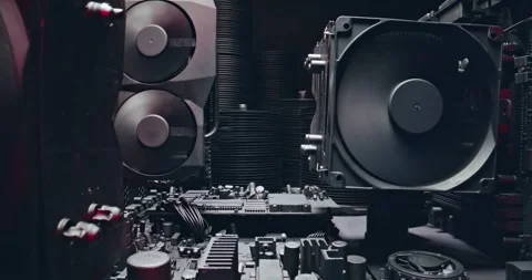 Camera move along components. Working motherboards, graphic cards and fans. Stock Footage 334611080