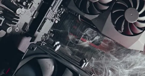 Camera move along components. Working motherboards, graphic cards and fans. Stock Footage 345459517