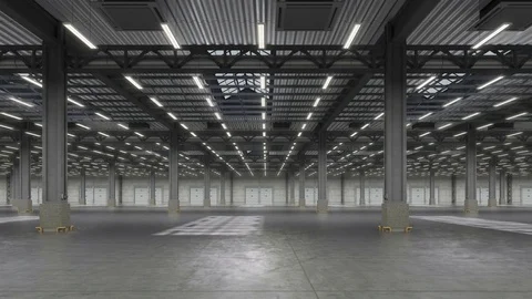 Camera move around empty warehouse hall and lights turned on. 動画素材 122375852