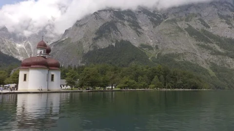 Camera move from the boat with the view on the chapel on the King lake, Bavaria Stock Footage 82286240