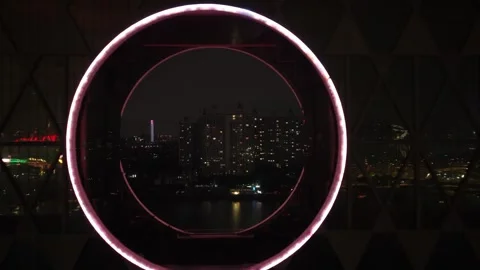 Camera move into building hole. Round circle china landmark, firework background Video stock 340614826