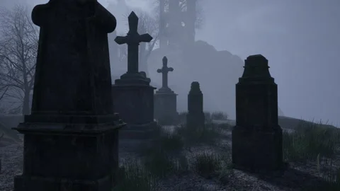 Camera move over an old cemetery during a thunderstorm at midnight Stock Footage 209929853