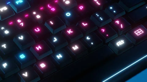 Camera movement along the keyboard with glowing keys. 3d render Stock Footage 259707320