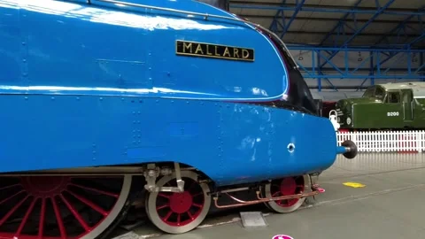 Camera movement along the mallard steam locomotive - railway museum in york, uk Stock Footage 248992760