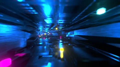 Camera movement along a metal corridor, luminous elements. spaceship corridor Stock Footage 205748423