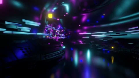 Camera movement along a metal corridor, luminous elements on the walls corridor Stock Footage 205750237