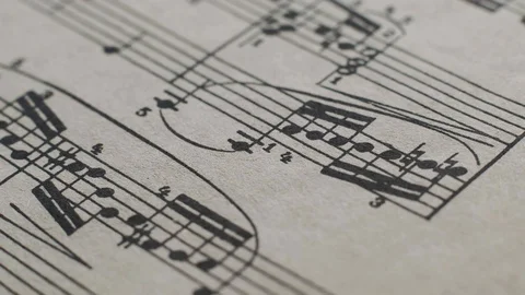 Camera movement along a musical notepad, close up, macro view, slider moving Stock Footage 126862738