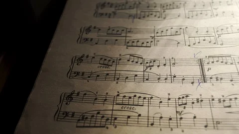 Camera movement along a musical notepad, close up, macro view, slider moving Stock Footage 126862873