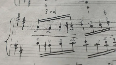 Camera movement along a musical notepad, close up, macro view, slider moving Vidéo 126863222