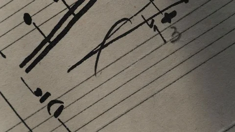 Camera movement along a musical notepad, close up, macro view, slider moving Stock Footage 126863408