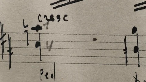 Camera movement along a musical notepad, close up, macro view, slider moving Video stock 126863433