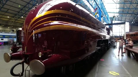 Camera movement along newer and older steam locomotives - railway museum Stock Footage 249351461