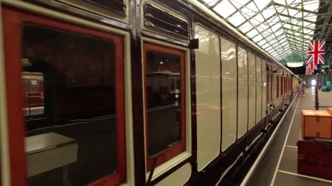 Camera movement along old wagon and look inside - railway museum in York, UK Stock Footage 248992684