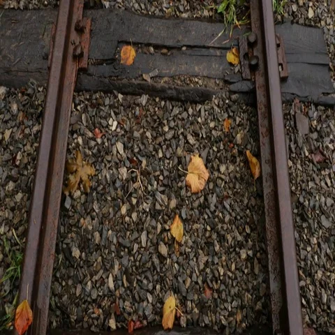 Camera movement along the rails to a deadlock. Deadlock railway track. Stock Footage 69406197