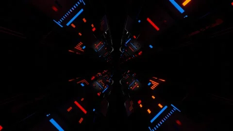 Camera movement between cubic abstract metal structures flashing red and blue li Stock Footage 258273535