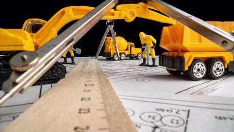 Camera movement between toy models of construction machinery dotted on blueprint Stock Footage 222810733