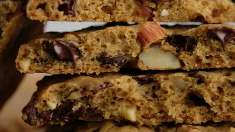 Camera movement. Close-up of a chocolate chip cookie lies on the wire rack. A Stock Footage 147047098