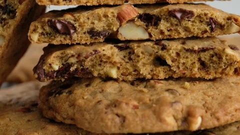 Camera movement. Close-up of a chocolate chip cookie lies on the wire rack. A Stock Footage 152487652