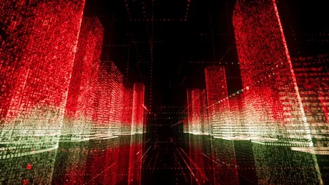 Camera movement in cyberspace through the digital city consists of red and white Stock Footage 129282597