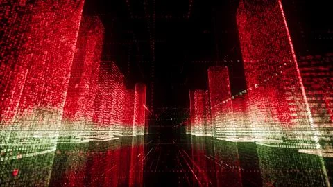 Camera movement in cyberspace through the digital city consists of red and white Illustrazione stock