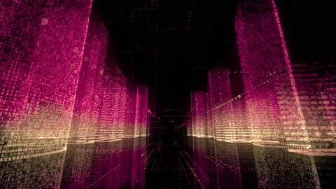 Camera movement in dark cyberspace through the digital city model made of pink Stock Footage 147723772