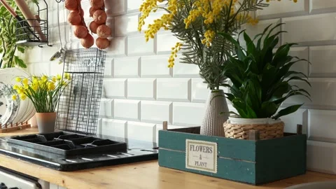 Camera movement in the kitchen. kitchen interior in yellow and white style Stock Footage 157357623