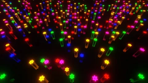 Camera movement over a stylized clearing with moving flowers glowing in differen Stock Footage 257673809