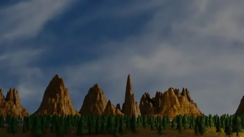 Camera movement to the right along a mountain landscape with fir trees. stylized Stock Footage 301170594