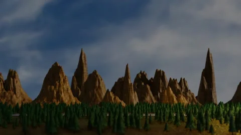 Camera movement to the right along a mountain landscape with fir trees. stylized 库存影片 301170596