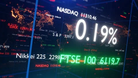 Camera movement through 3D space with a world map and stock indexes. Stock Footage 138075419