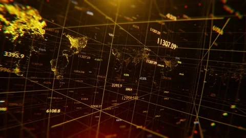 Camera movement through 3D space with a world map and counters, stock indexes. Видео 146644204