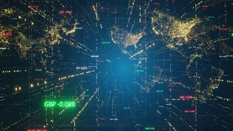 Camera movement through 3D space with a world map and world currencies. Stock Footage 151900402