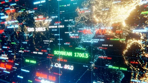 Camera movement through 3D space with a world map and stock indexes. Stock Footage 172125203