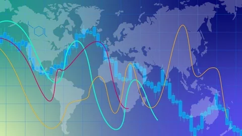 Camera movement through 3D space with a world map and stock indexes. Digital Video stock 263762663
